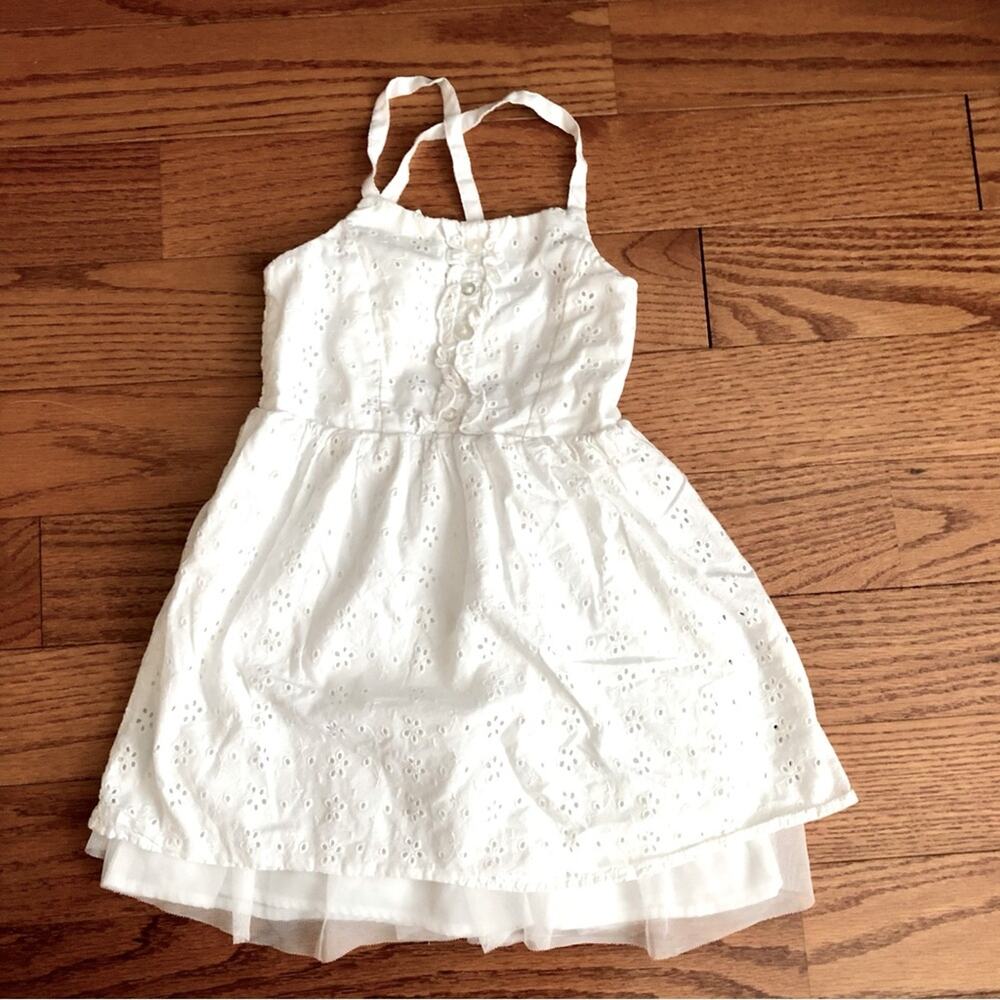 Cherokee Eyelet Tulle Summer Cotton Smocked Back White Dress Girl’s Size SX 4/5